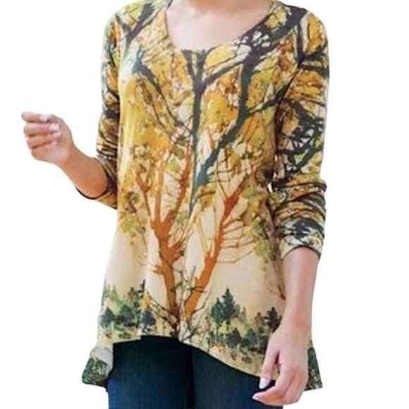 Soft Surroundings Anabel Tunic Blouse Watercolor Trees Forest Sunset PXS Thermal - Picture 1 of 9